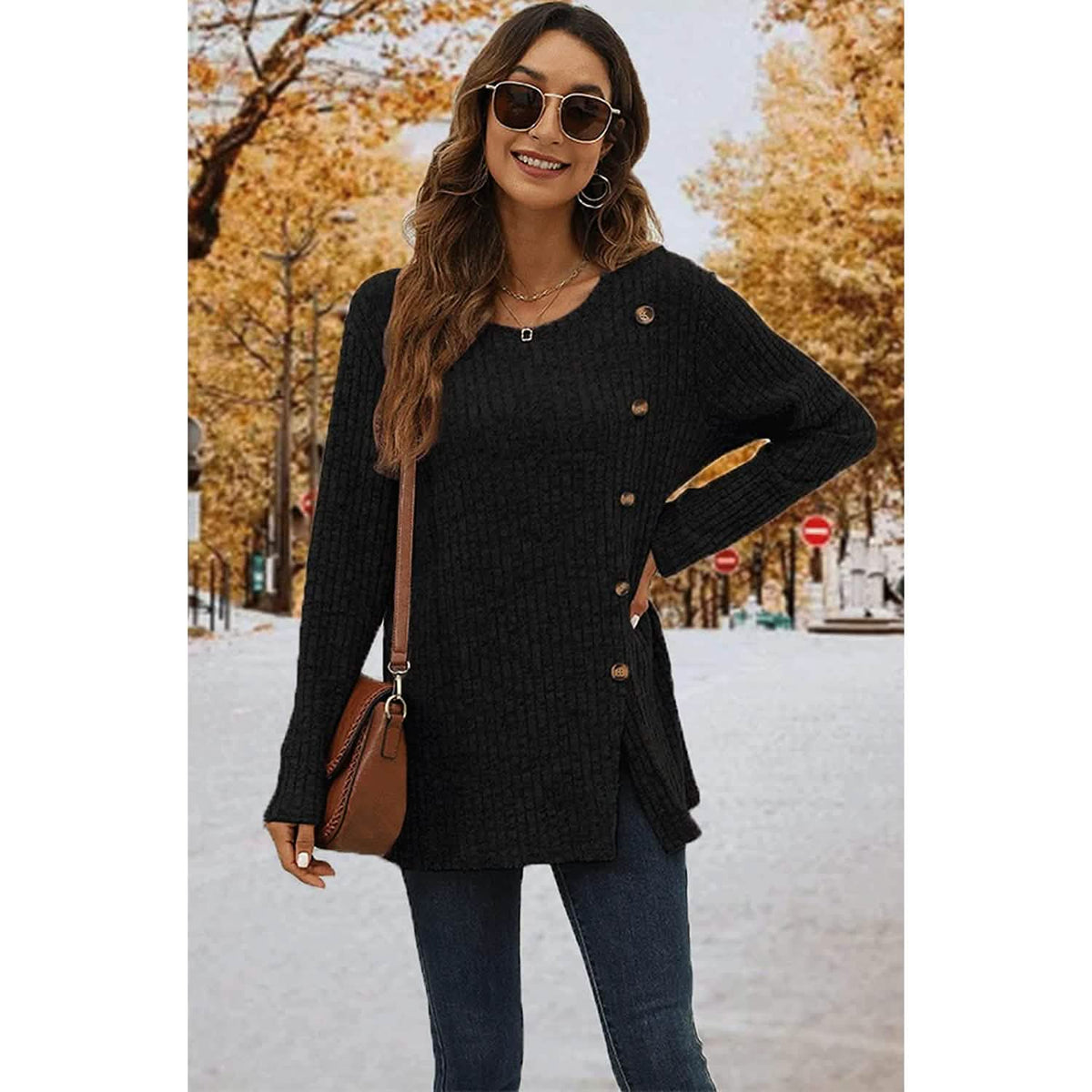 Women's Long Sleeve Crew Neck Tunic Tops Buttons Side - A-1 Thread Vault