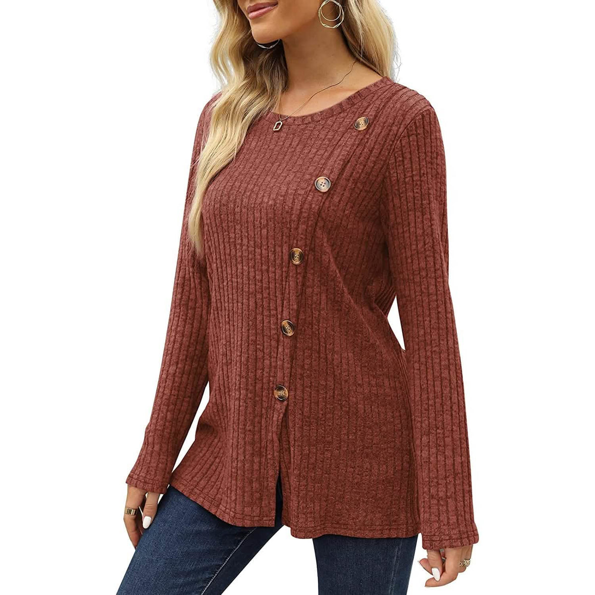 Women's Long Sleeve Crew Neck Tunic Tops Buttons Side - A-1 Thread Vault