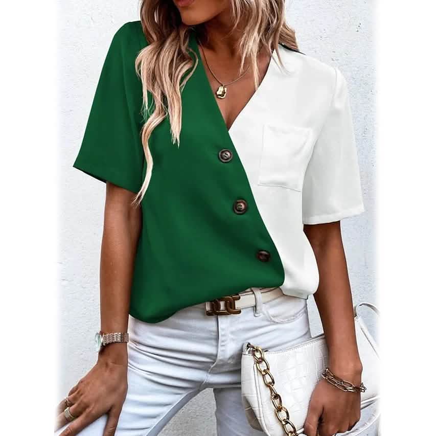 Women's Pocket Button V-Neck Short Sleeve Shirt - A-1 Thread Vault