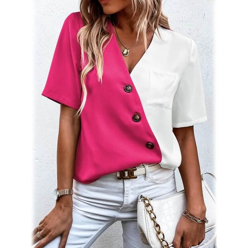 Women's Pocket Button V-Neck Short Sleeve Shirt - A-1 Thread Vault