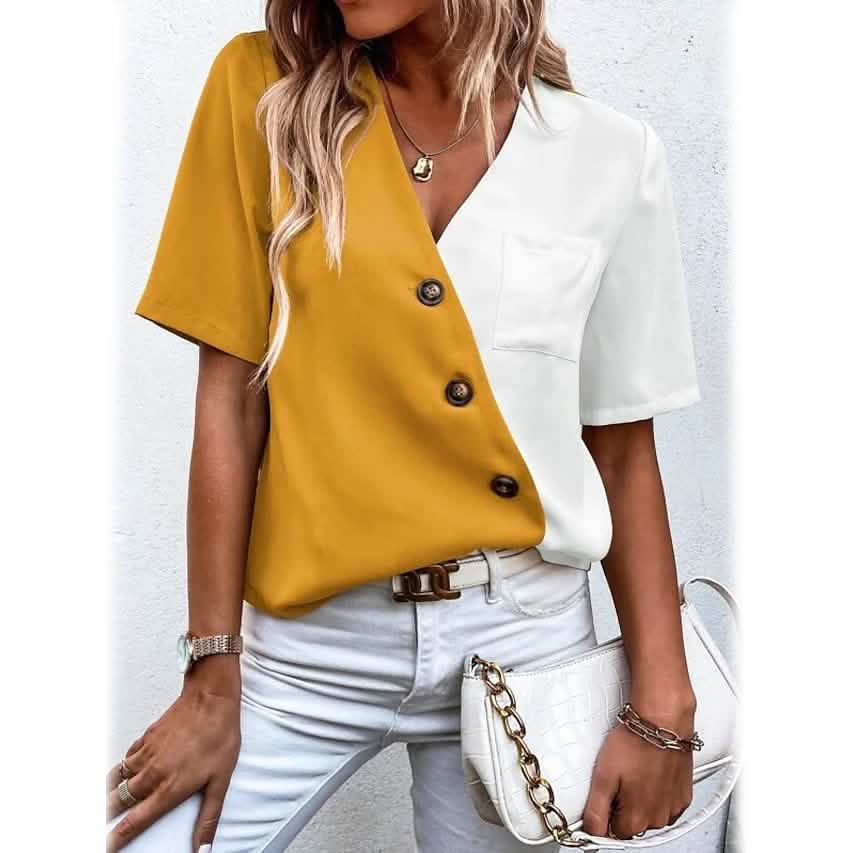 Women's Pocket Button V-Neck Short Sleeve Shirt - A-1 Thread Vault