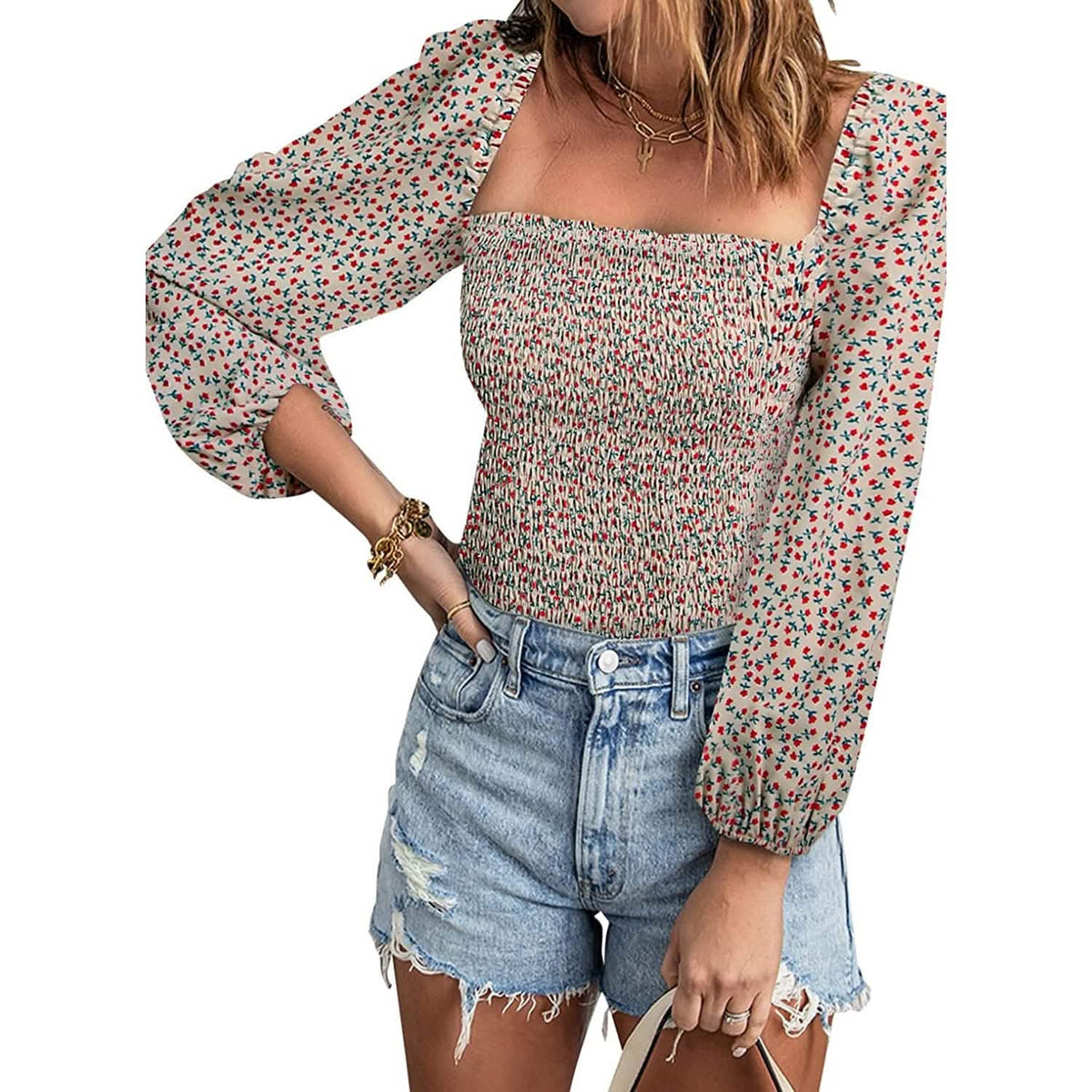 Women's Puff Long Sleeve Square Neck Tops - A-1 Thread Vault