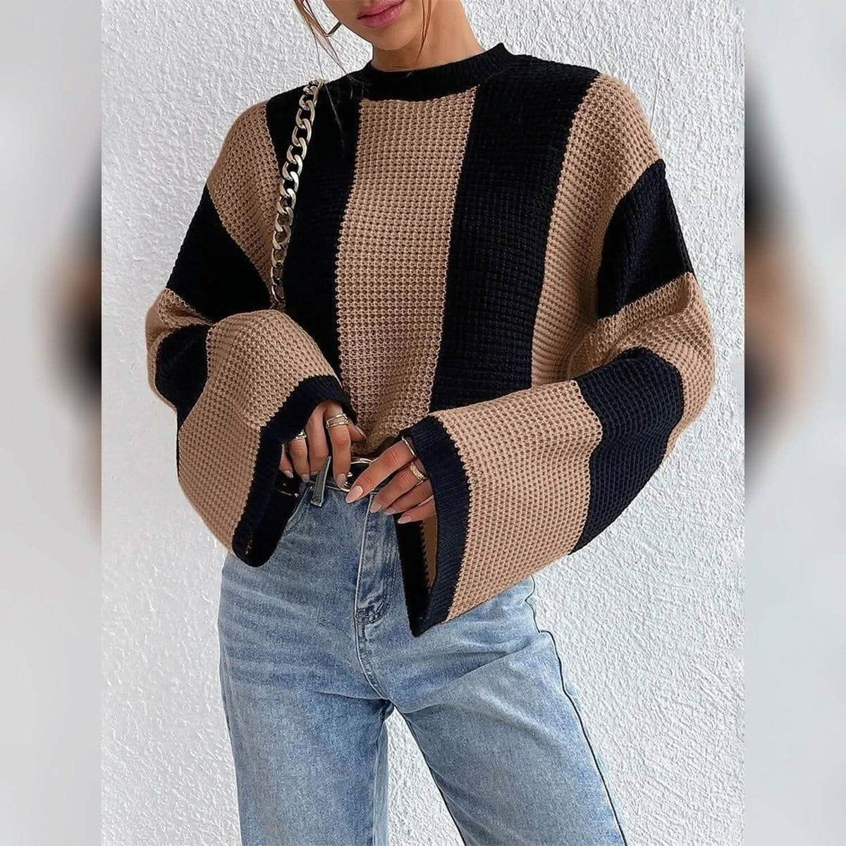 Women's Pullover Ribbed Knit Patchwork Striped Sweater - A-1 Thread Vault