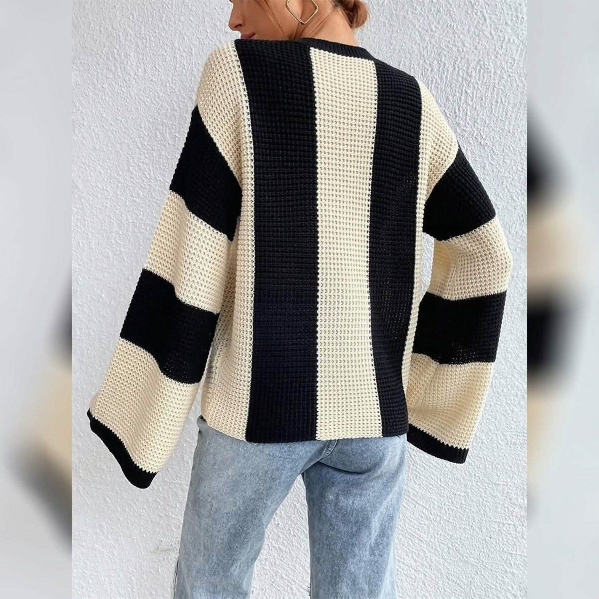 Women's Pullover Ribbed Knit Patchwork Striped Sweater - A-1 Thread Vault