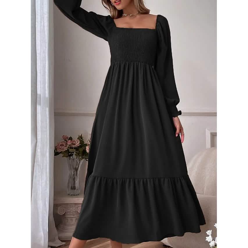 Women's Ruffle Autumn Winter Swing Midi Dress - A-1 Thread Vault