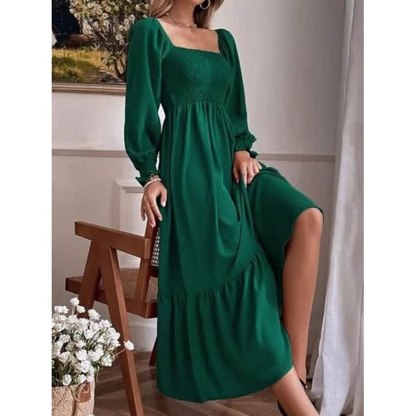Women's Ruffle Autumn Winter Swing Midi Dress - A-1 Thread Vault