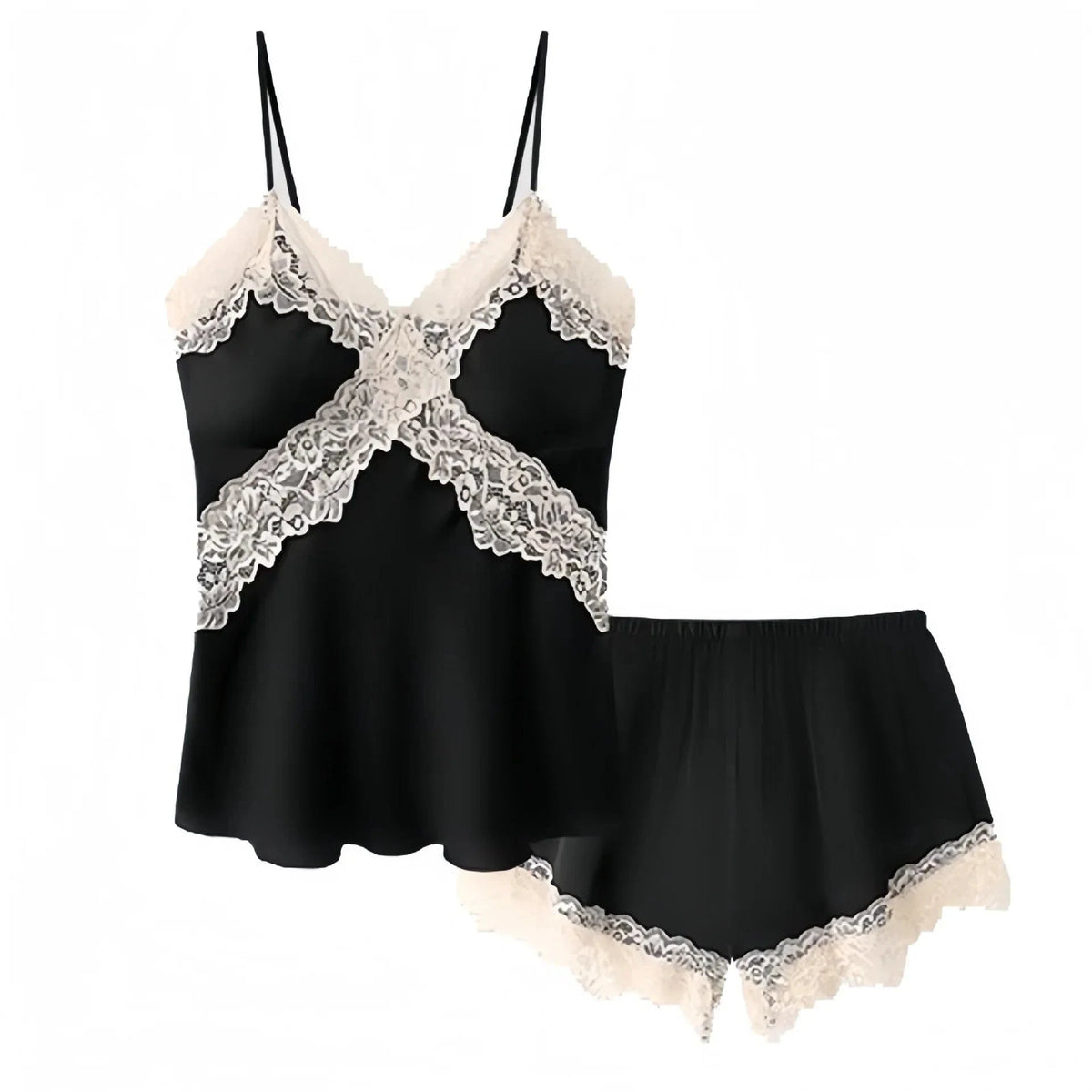 Womens Sexy Satin Pajama Set Lace Trim Cami Top Shorts Lingerie Sleepwear Silky Black Cream V Neck Spaghetti Strap Two Piece - A-1 Thread Vault