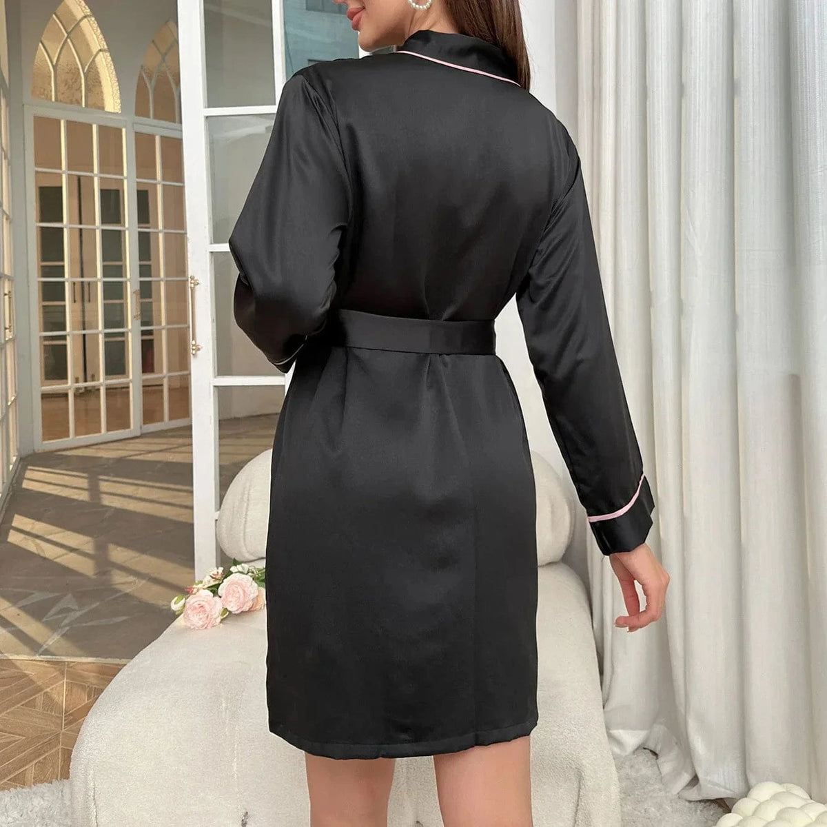 Womens Sexy Satin Robe Long Sleeve V Neck Short Kimono Contrast Piping Belted Sleepwear Loungewear Bridal Party Dressing Gown - A-1 Thread Vault