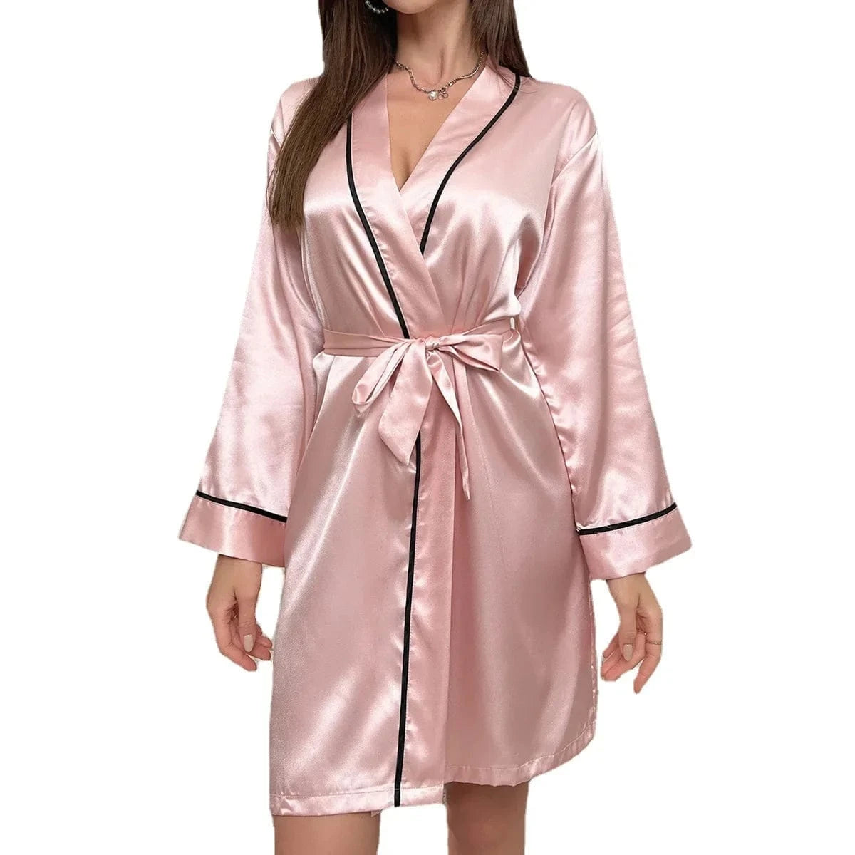 Womens Sexy Satin Robe Long Sleeve V Neck Short Kimono Contrast Piping Belted Sleepwear Loungewear Bridal Party Dressing Gown - A-1 Thread Vault