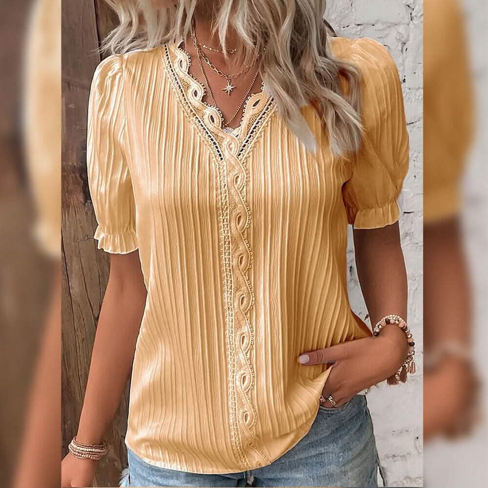 Women's Shirt Blouse Plain Lace Short Sleeve Casual Basic V Neck - A-1 Thread Vault