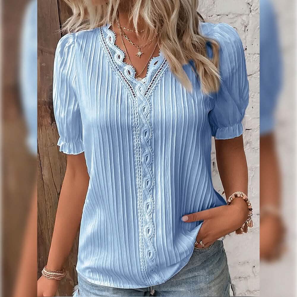 Women's Shirt Blouse Plain Lace Short Sleeve Casual Basic V Neck - A-1 Thread Vault