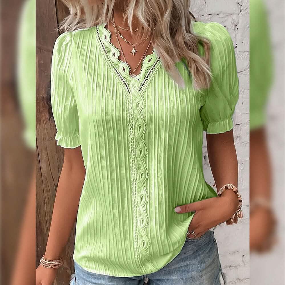 Women's Shirt Blouse Plain Lace Short Sleeve Casual Basic V Neck - A-1 Thread Vault