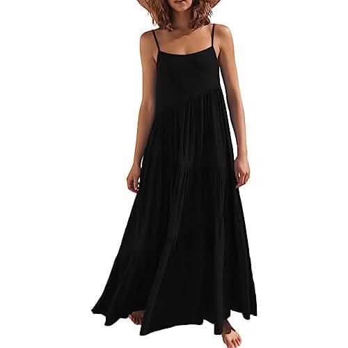 Women's Summer Casual Loose Sleeveless Spaghetti Strap Asymmetric Tiered Beach Maxi Long Dress - A-1 Thread Vault