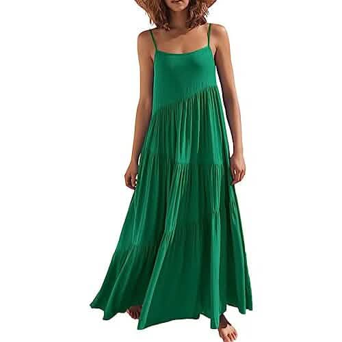 Women's Summer Casual Loose Sleeveless Spaghetti Strap Asymmetric Tiered Beach Maxi Long Dress - A-1 Thread Vault