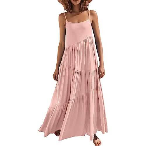 Women's Summer Casual Loose Sleeveless Spaghetti Strap Asymmetric Tiered Beach Maxi Long Dress - A-1 Thread Vault