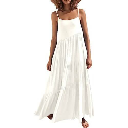 Women's Summer Casual Loose Sleeveless Spaghetti Strap Asymmetric Tiered Beach Maxi Long Dress - A-1 Thread Vault