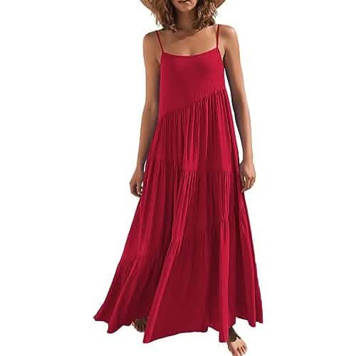 Women's Summer Casual Loose Sleeveless Spaghetti Strap Asymmetric Tiered Beach Maxi Long Dress - A-1 Thread Vault
