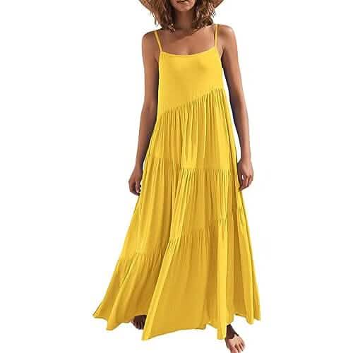 Women's Summer Casual Loose Sleeveless Spaghetti Strap Asymmetric Tiered Beach Maxi Long Dress - A-1 Thread Vault