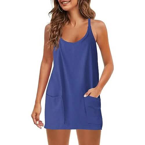 Womens Summer Sleeveless Mini Dress V Neck Spaghetti Strap with Pockets - A-1 Thread Vault