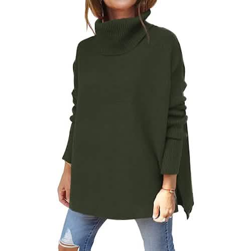 Women's Turtleneck Oversized Sweaters Long Batwing Sleeve Spilt Hem Tunic - A-1 Thread Vault