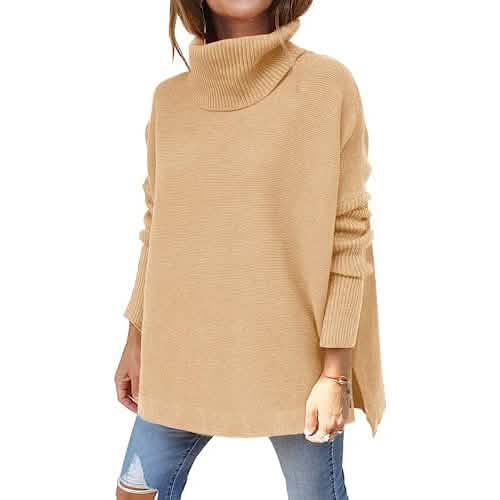 Women's Turtleneck Oversized Sweaters Long Batwing Sleeve Spilt Hem Tunic - A-1 Thread Vault