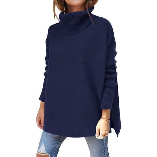 Women's Turtleneck Oversized Sweaters Long Batwing Sleeve Spilt Hem Tunic - A-1 Thread Vault