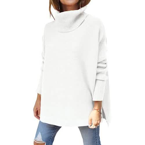 Women's Turtleneck Oversized Sweaters Long Batwing Sleeve Spilt Hem Tunic - A-1 Thread Vault