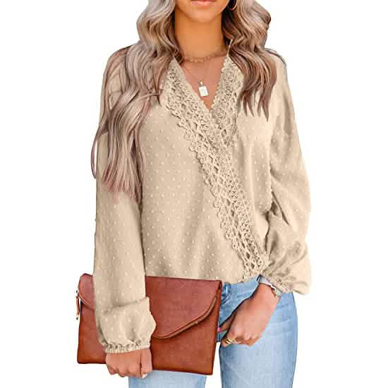 Women's V Neck Chiffon Lace Pom Pom Long Sleeve Top - A-1 Thread Vault