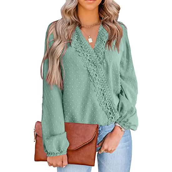 Women's V Neck Chiffon Lace Pom Pom Long Sleeve Top - A-1 Thread Vault