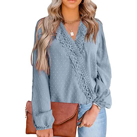 Women's V Neck Chiffon Lace Pom Pom Long Sleeve Top - A-1 Thread Vault