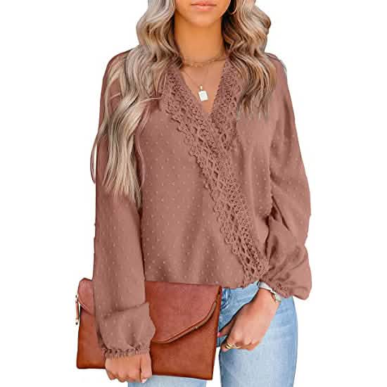 Women's V Neck Chiffon Lace Pom Pom Long Sleeve Top - A-1 Thread Vault
