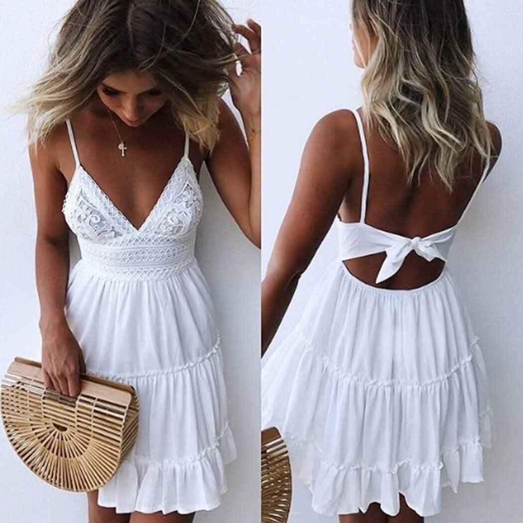 Womens V-Neck Spaghetti Strap Bowknot Backless Sleeveless Lace Mini Swing Skater Dress - A-1 Thread Vault