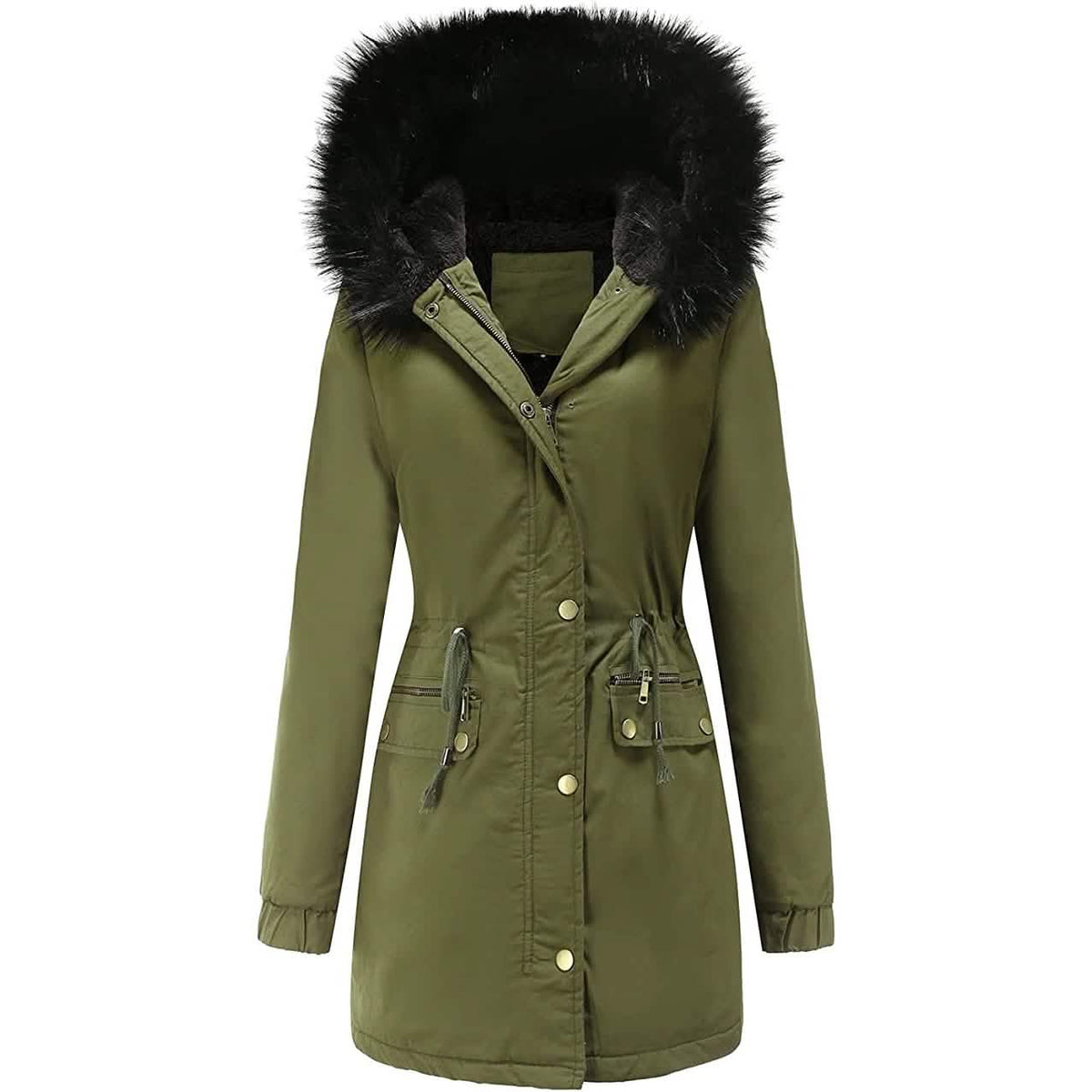 Women's Winter Coat Warm Thick Black Fleece Lined Wide Furry Hood Parka - A-1 Thread Vault