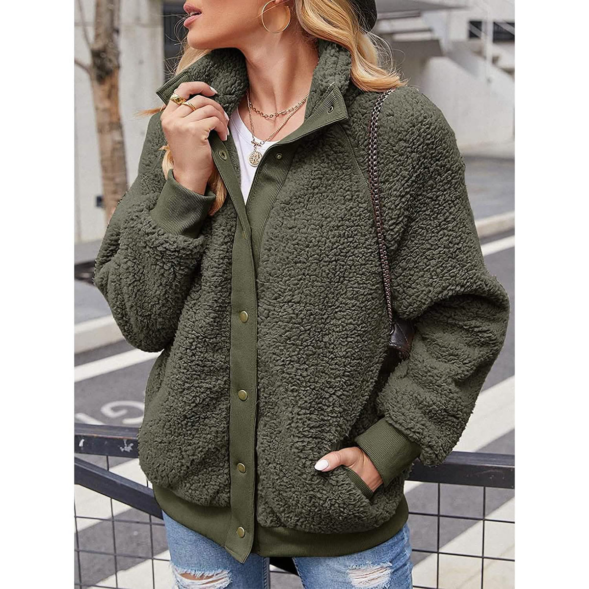 Womens Winter Sherpa Fleece Button Jacket Coat - A-1 Thread Vault