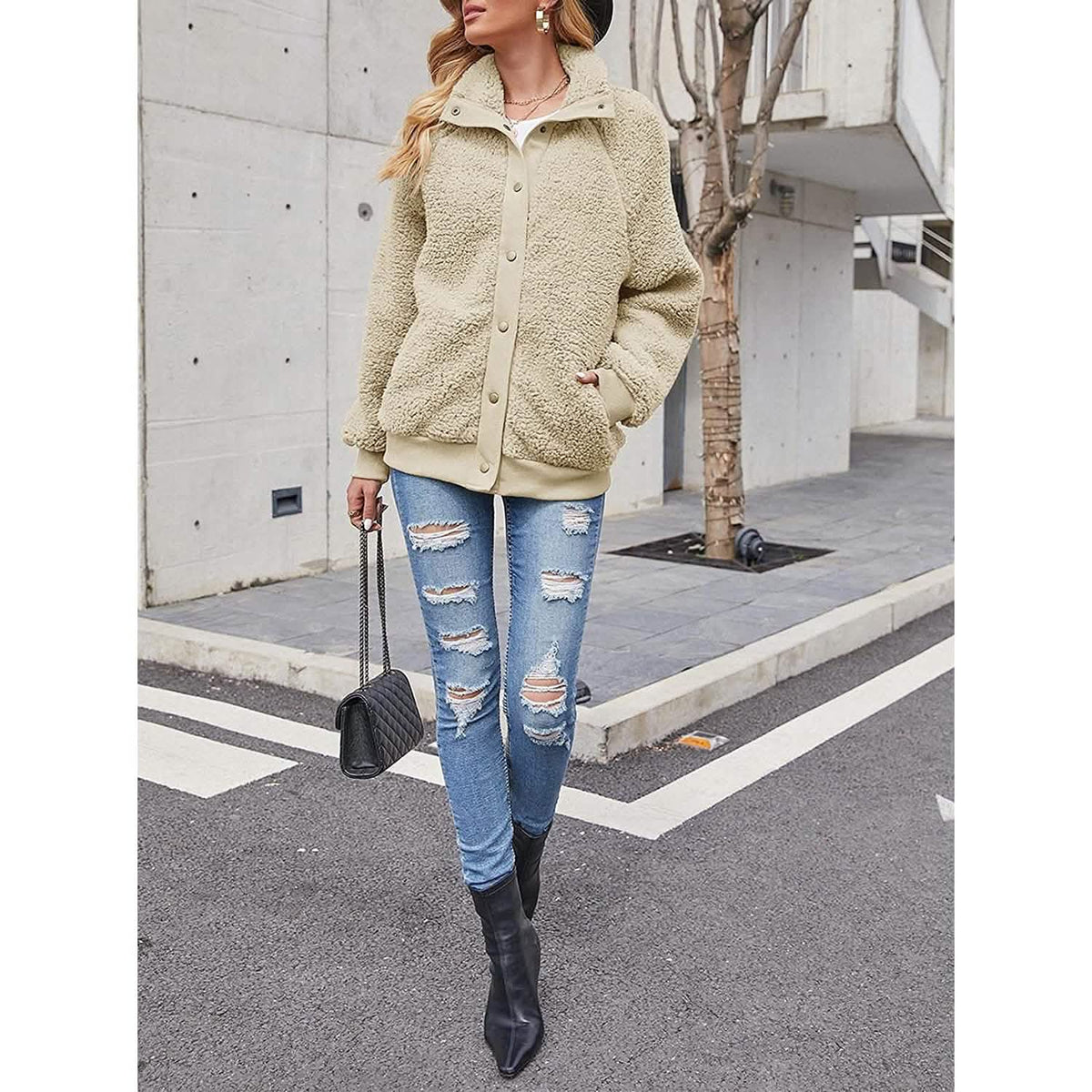 Womens Winter Sherpa Fleece Button Jacket Coat - A-1 Thread Vault