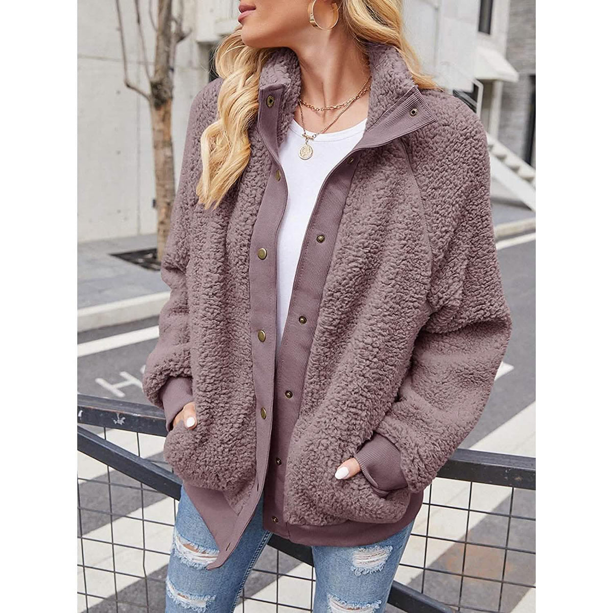 Womens Winter Sherpa Fleece Button Jacket Coat - A-1 Thread Vault