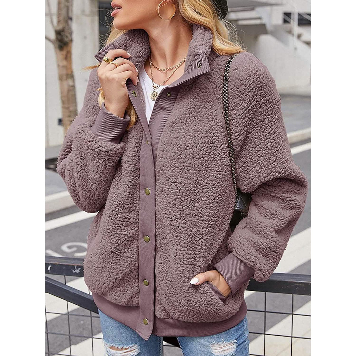 Womens Winter Sherpa Fleece Button Jacket Coat - A-1 Thread Vault