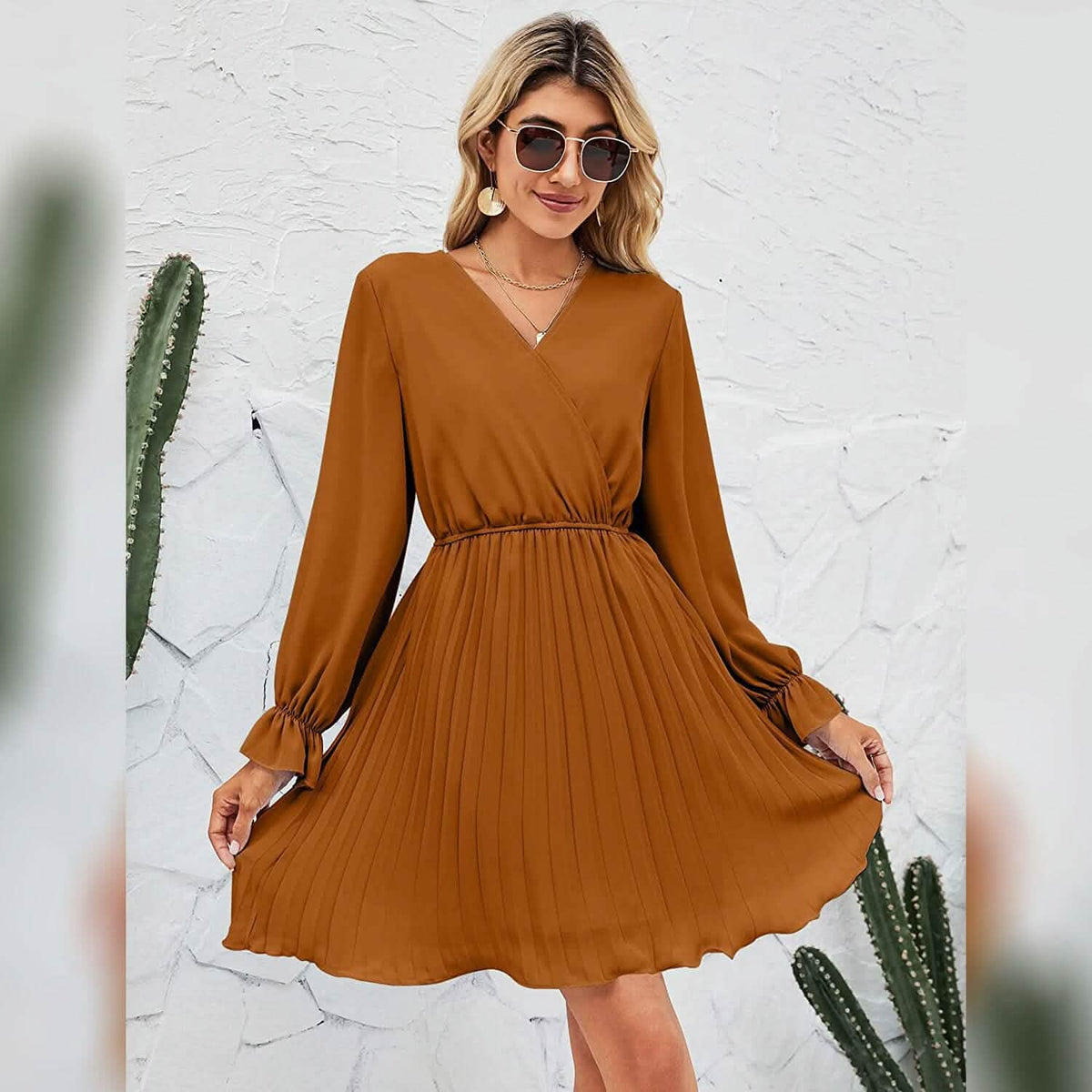 Womens Wrap V Neck Pleated Long Sleeve Mini Dresses - A-1 Thread Vault