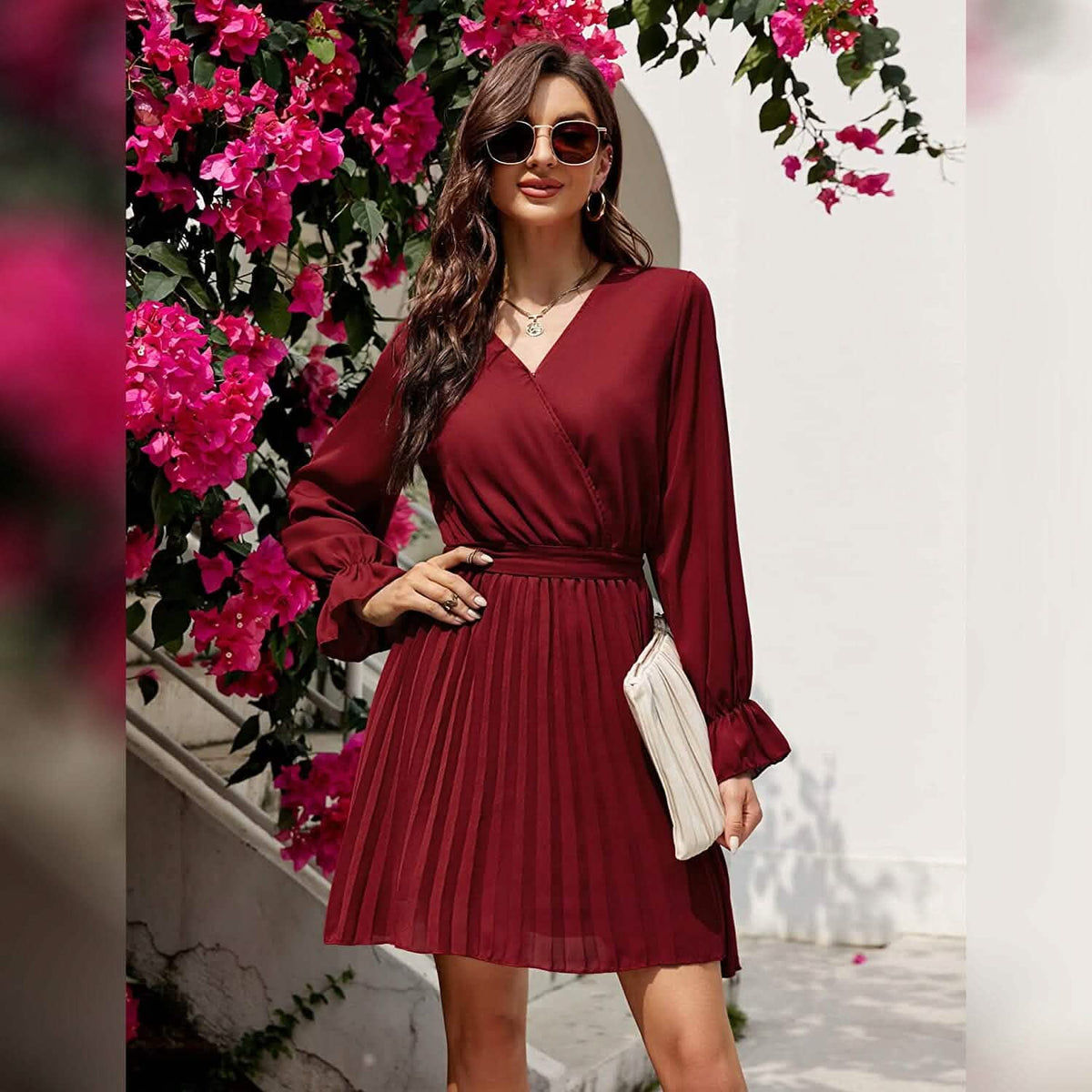 Womens Wrap V Neck Pleated Long Sleeve Mini Dresses - A-1 Thread Vault