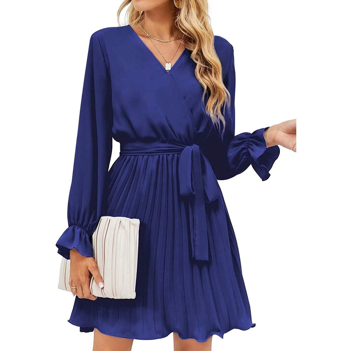 Womens Wrap V Neck Pleated Long Sleeve Mini Dresses - A-1 Thread Vault