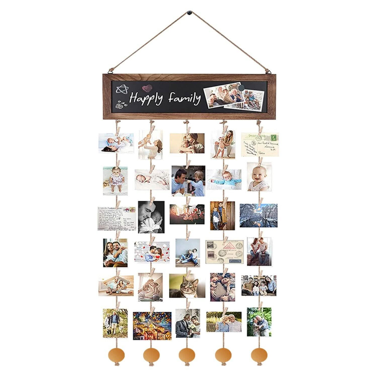 Wooden Hanging Picture Frame Display String Ropes with 30 Clips Writable Blackboard - A-1 Thread Vault