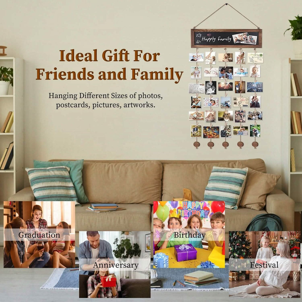 Wooden Hanging Picture Frame Display String Ropes with 30 Clips Writable Blackboard - A-1 Thread Vault