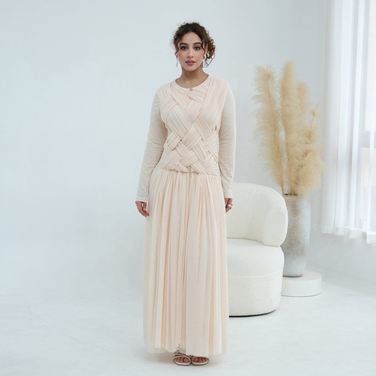Woven Cross-Strap Bodice Mesh Maxi Dress(MS454) - A-1 Thread Vault