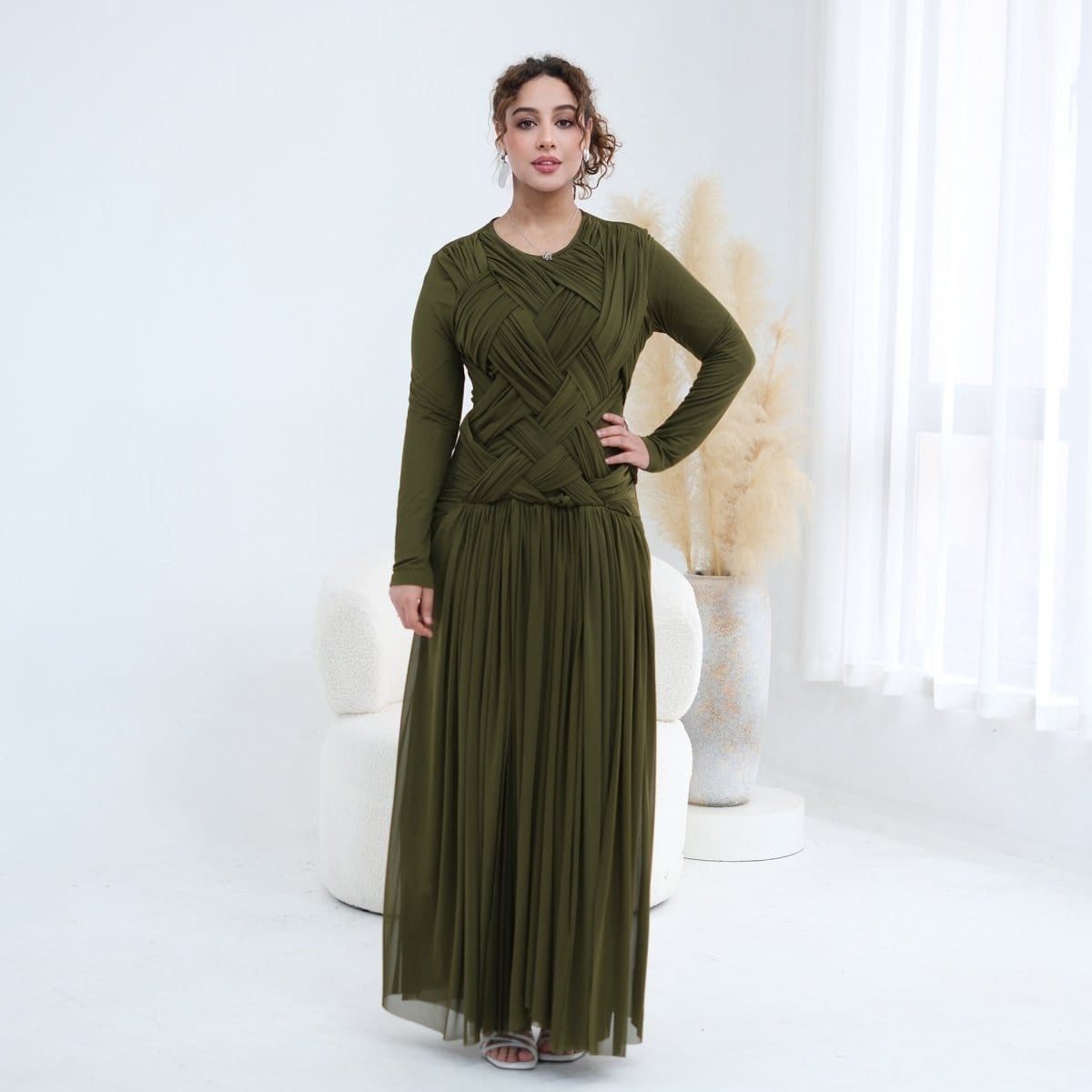 Woven Cross-Strap Bodice Mesh Maxi Dress(MS454) - A-1 Thread Vault
