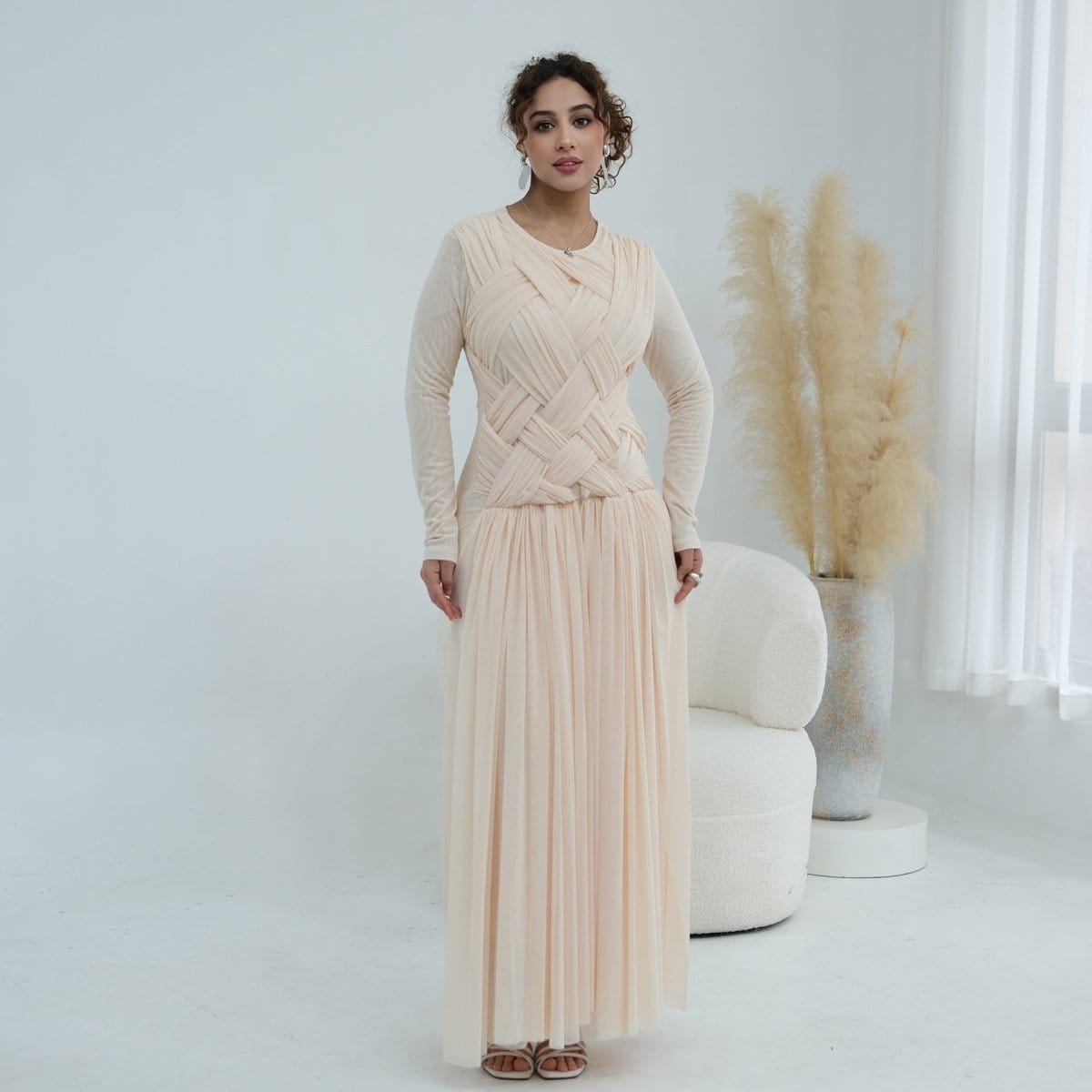 Woven Cross-Strap Bodice Mesh Maxi Dress(MS454) - A-1 Thread Vault