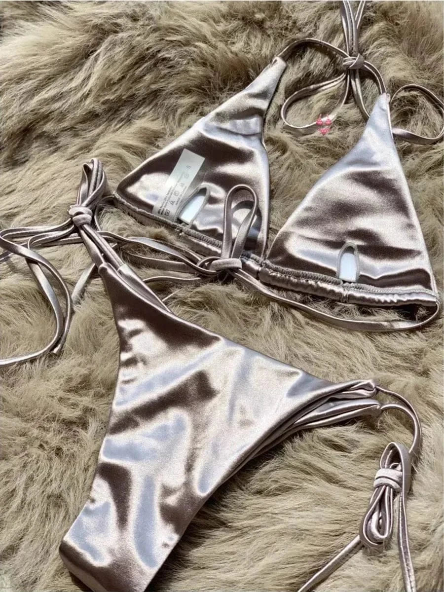 Wrap Around Halter Metallic Satin Bikini Women Swimwear Female Swimsuit Two-pieces Bikini Set Brazilian Bathing Suit Swim Lady - A-1 Thread Vault
