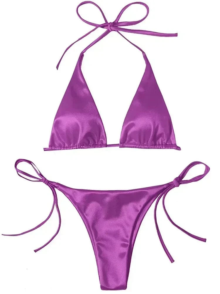 Wrap Around Halter Metallic Satin Bikini Women Swimwear Female Swimsuit Two-pieces Bikini Set Brazilian Bathing Suit Swim Lady - A-1 Thread Vault