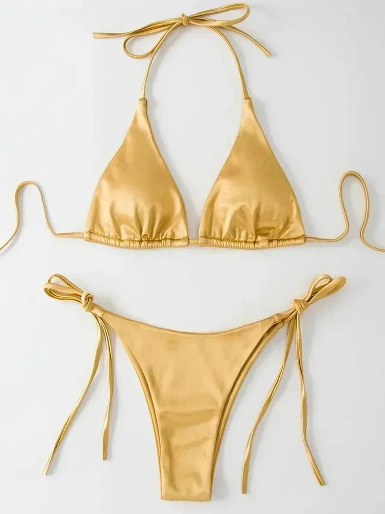 Wrap Around Halter Metallic Satin Bikini Women Swimwear Female Swimsuit Two-pieces Bikini Set Brazilian Bathing Suit Swim Lady - A-1 Thread Vault