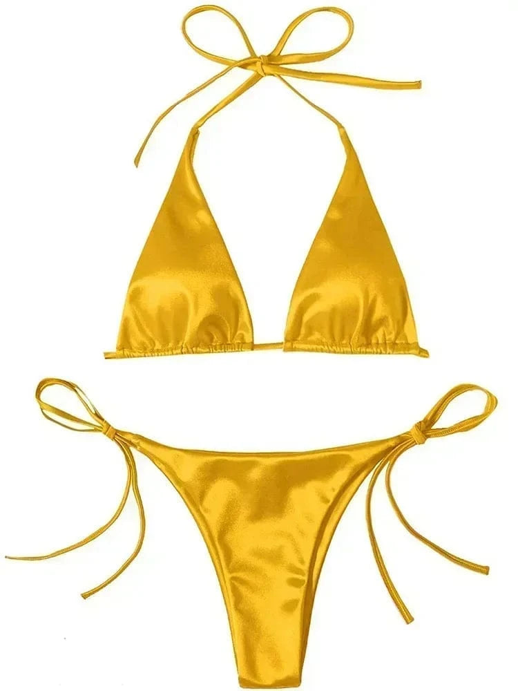 Wrap Around Halter Metallic Satin Bikini Women Swimwear Female Swimsuit Two-pieces Bikini Set Brazilian Bathing Suit Swim Lady - A-1 Thread Vault