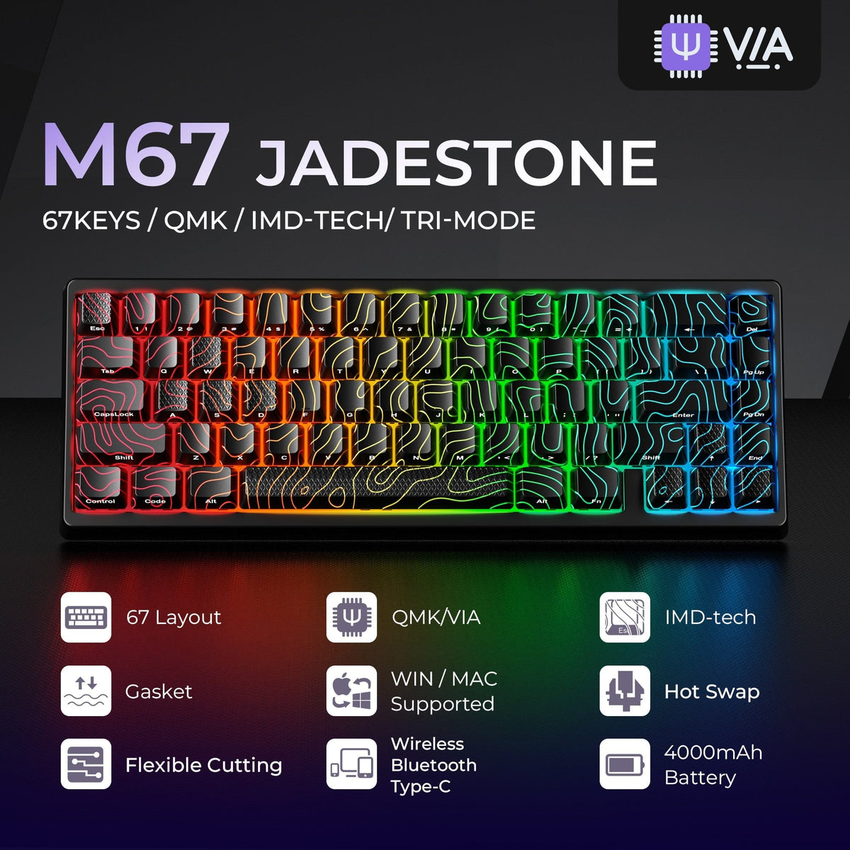 XVX M67 JadeStone Interstellar Black Tri-Mode RGB Mechanical Keyboard - A-1 Thread Vault